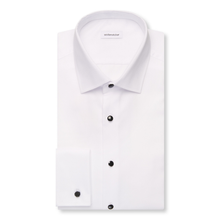 Load image into Gallery viewer, White dress shirt with black buttons on a white background