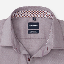 Load image into Gallery viewer, Close-up of the collar of an OLYMP brand dress shirt in a textured mauve-gray fabric, showing the patterned inner collar lining and the black brand label.