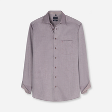 Load image into Gallery viewer, A long-sleeve button-up shirt in a textured dusty mauve or lavender-gray fabric, featuring a single chest pocket and a subtle patterned lining on the collar and cuffs, shown against a light gray background.