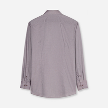 Load image into Gallery viewer, A long-sleeve button-down shirt shown from the back, featuring a subtle textured weave and a muted dusty lavender-gray color, displayed on a clean off-white background.