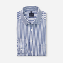 Load image into Gallery viewer, Folded blue and white striped shirt with 'Olymp' label on a light gray background