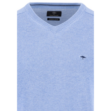 Load image into Gallery viewer, Light blue sweater with a brand logo on a white background