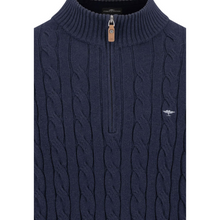 Load image into Gallery viewer, Navy cable knit sweater vest with a zipper on a white background
