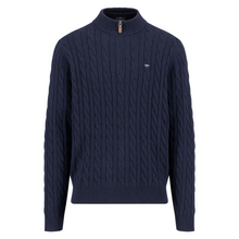 Load image into Gallery viewer, Navy cable knit sweater with a quarter zip on a white background