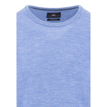 Load image into Gallery viewer, Blue sweater with a brand label on a white background