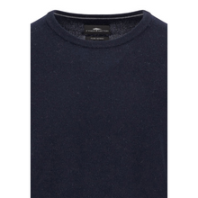 Load image into Gallery viewer, Navy sweater with brand label on a white background