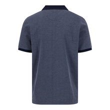 Load image into Gallery viewer, Back view of a dark blue polo shirt with contrasting collar on a white background
