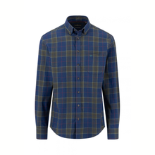Load image into Gallery viewer, A men's long-sleeve button-down shirt in a blue, green, and yellow plaid pattern, shown on a clean white background.