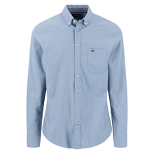Load image into Gallery viewer, A light blue long-sleeve button-down shirt with a chest pocket and a small embroidered logo on the pocket, displayed on a clean white background.
