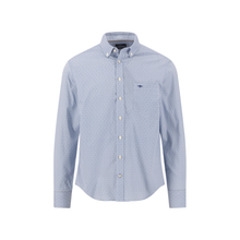 Load image into Gallery viewer, A light blue and white micro-patterned long-sleeve button-down shirt with a small embroidered logo on the left chest, displayed on a clean white background.