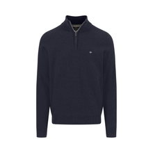 Load image into Gallery viewer, A dark navy blue quarter-zip pullover sweater with a small embroidered logo on the left chest, displayed on a clean white background.