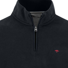 Load image into Gallery viewer, Close-up of a black half-zip fleece pullover by Hatton, featuring a stand collar, a silver zipper, and a small red umbrella logo on the left chest.