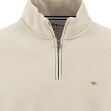 Load image into Gallery viewer, Close-up of a cream-colored quarter-zip pullover sweater with a small embroidered green tree logo on the left chest, by Natto.