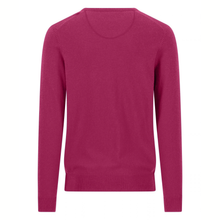 Load image into Gallery viewer, A long-sleeve crewneck sweater in a vibrant magenta pink, shown flat against a solid white background.