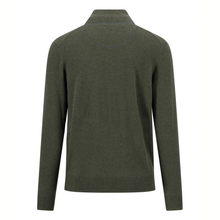 Load image into Gallery viewer, An olive green long-sleeve knit sweater with a mock neck collar, shown from the back on a plain white background.
