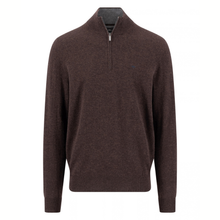 Load image into Gallery viewer, A men's dark brown half-zip knit sweater with a stand collar, shown on a plain white background.