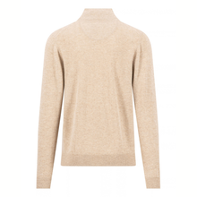 Load image into Gallery viewer, A light beige knit sweater with a mock neck collar, shown from the back on a solid white background.