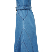 Load image into Gallery viewer, Blue denim dress with a belt on a white background
