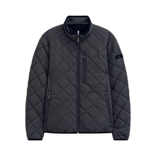 Load image into Gallery viewer, A navy diamond-quilted zip-up jacket with a stand-up collar, shown against a plain white background.