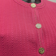 Load image into Gallery viewer, Close up of Castle Cardigan Sangria With Gold Trim.