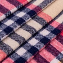 Load image into Gallery viewer, Close-up of plaid fabric with red, blue, and beige colors.