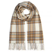 Load image into Gallery viewer, A long woven scarf with a plaid pattern in cream, brown, and gray, finished with fringe tassels on both ends, displayed against a solid white background.