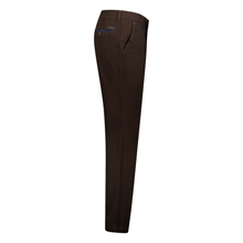 Load image into Gallery viewer, A pair of dark brown slim-fit trousers shown from a side profile view against a plain white background.