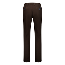 Load image into Gallery viewer, A pair of dark brown trousers shown from the back, featuring blue contrast stitching on the back pockets and a single blue button, set against a plain white background.