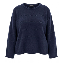 Load image into Gallery viewer, A navy blue knit sweater with horizontal textured stripe details, shown on a plain white background.