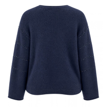 Load image into Gallery viewer, A navy blue knit sweater with decorative openwork knit sleeve panels, shown from the back on a plain white background.