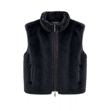 Load image into Gallery viewer, Dark navy faux fur zip-up vest with a high collar and side zip pockets, shown on a plain white background.