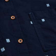 Load image into Gallery viewer, whitestuff organic cotton shirt in navy colour closeup showing design off shirt