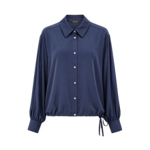 Load image into Gallery viewer, A navy blue long-sleeve blouse with a pointed collar, button-up front, and drawstring tie at the hem, shown on a plain white background.