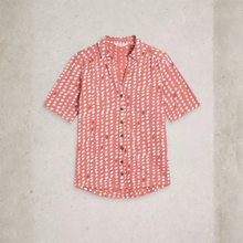 Load image into Gallery viewer, Red patterned shirt on a light gray background