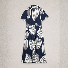 Load image into Gallery viewer, Navy dress with white abstract pattern on a light gray background