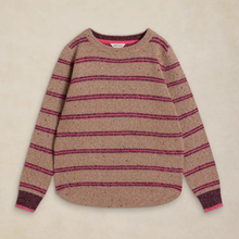 Load image into Gallery viewer, A long-sleeve knit sweater with horizontal stripes in dusty pink and magenta on a heathered beige background, laid flat on a light beige surface.