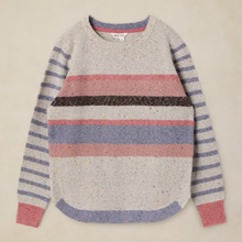 Load image into Gallery viewer, A long-sleeve knit sweater with a heathered light gray body, horizontal stripes in dusty pink, lavender, and dark brown across the chest, and lavender-and-pink striped sleeves, shown flat on a light beige background.