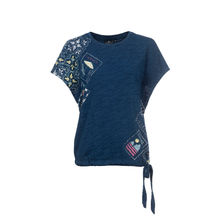 Load image into Gallery viewer, Blue t-shirt with patchwork design on a white background