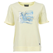 Load image into Gallery viewer, Light yellow t-shirt with a graphic design on a white background