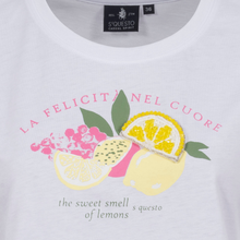 Load image into Gallery viewer, White t-shirt with lemon design and text, brand 'S'Questo' visible.