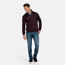 Load image into Gallery viewer, Man wearing a dark brown sweater and blue jeans on a white background
