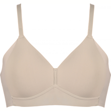 Load image into Gallery viewer, A seamless, wireless triangle bra in a light beige or nude color, shown against a plain white background.