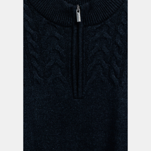 Load image into Gallery viewer, Close-up of a dark blue cable knit sweater with a zipper on a light gray background