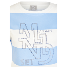 Load image into Gallery viewer, White and blue tank top with text design on a white background