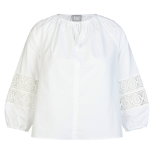 Load image into Gallery viewer, White blouse with intricate lace detailing on sleeves against a white background