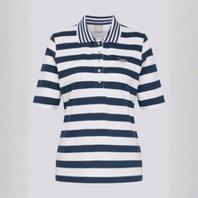 Load image into Gallery viewer, Navy and white striped polo shirt on a light gray background