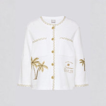 Load image into Gallery viewer, White cardigan with gold palm tree and 'Summer Breeze' embroidery on a light gray background