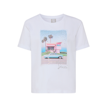 Load image into Gallery viewer, White t-shirt with a graphic of a pink building and car on a white background