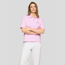 Load image into Gallery viewer, Woman wearing a pink and white striped polo shirt against a gray background