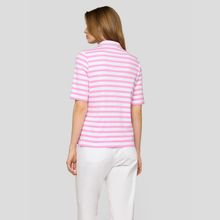 Load image into Gallery viewer, Woman wearing a pink and white striped polo shirt against a plain background